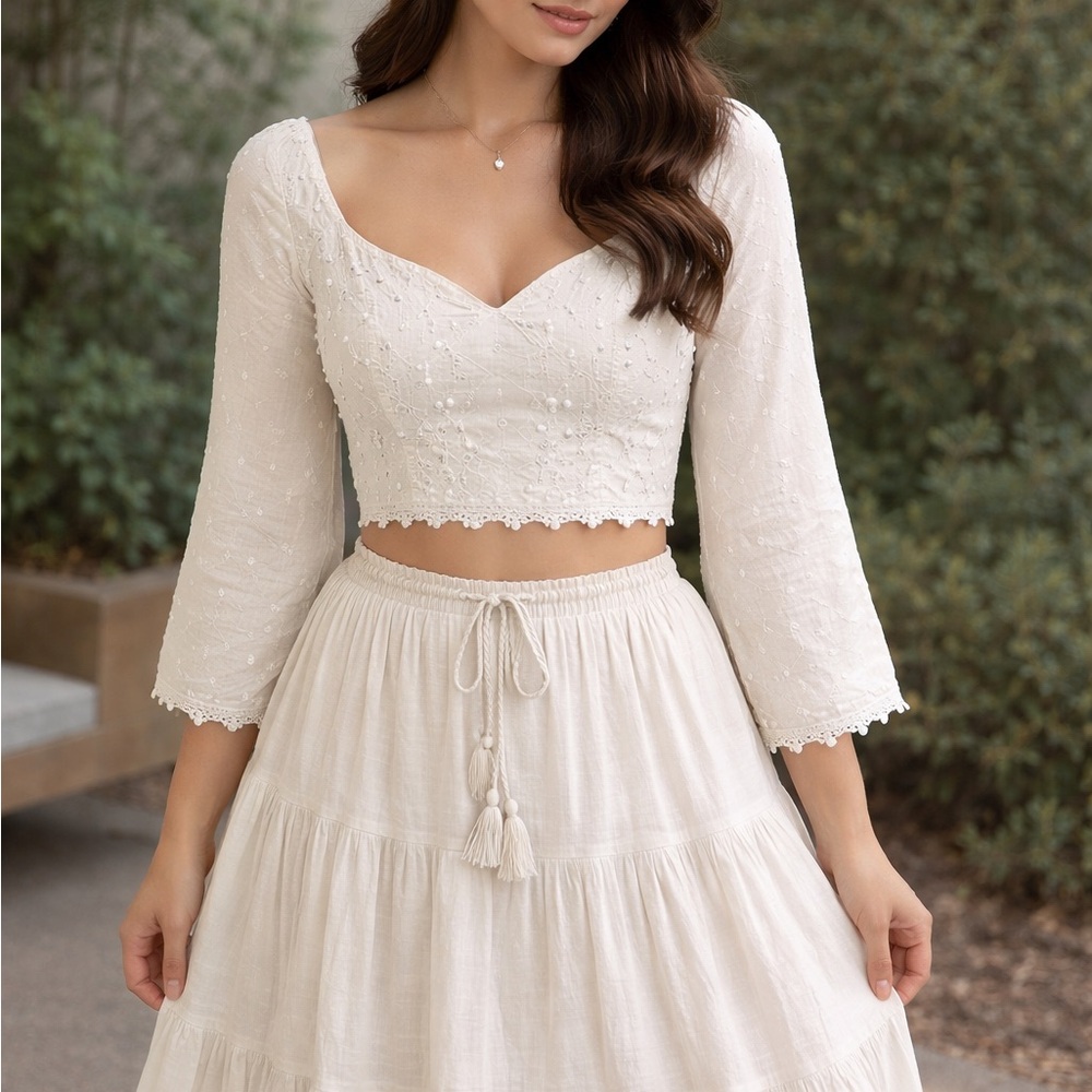 Boho cream cotton crop top blouse